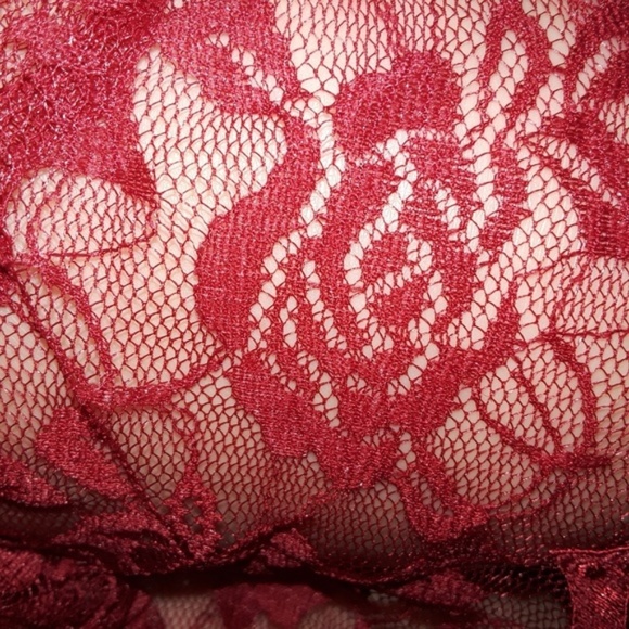 Wine Red Sheer Mesh Lace Halter Lace Up Bodysuit - Picture 6 of 6